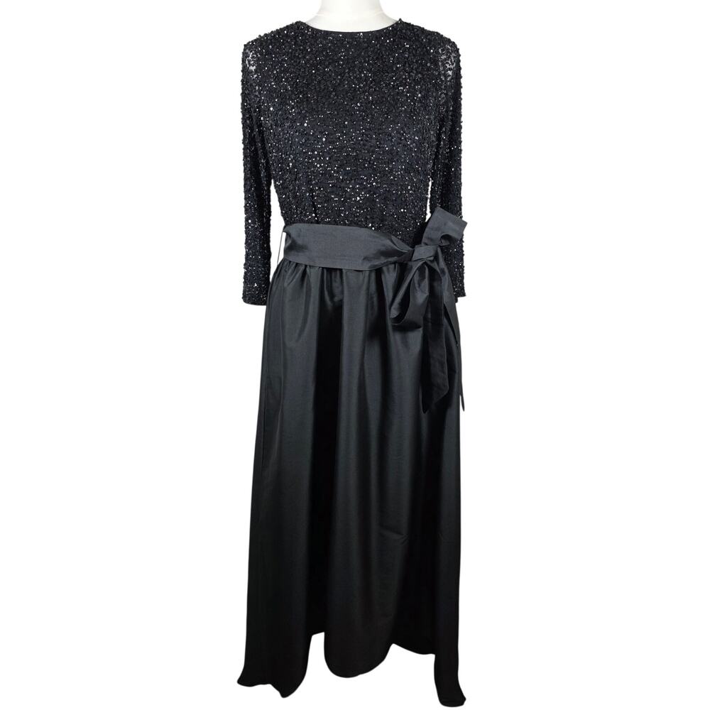 NWT Pisarro Nights Black 3/4 Sleeve Lined Sequin Dress w/Back Zip‎ & Hi-Lo Hem